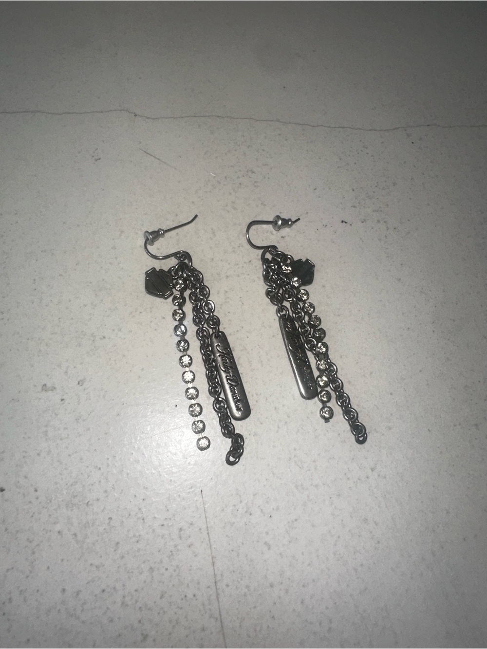 Harley-Davidson Silver Tone Multi-Chain Dangle Earrings with Clear Accents